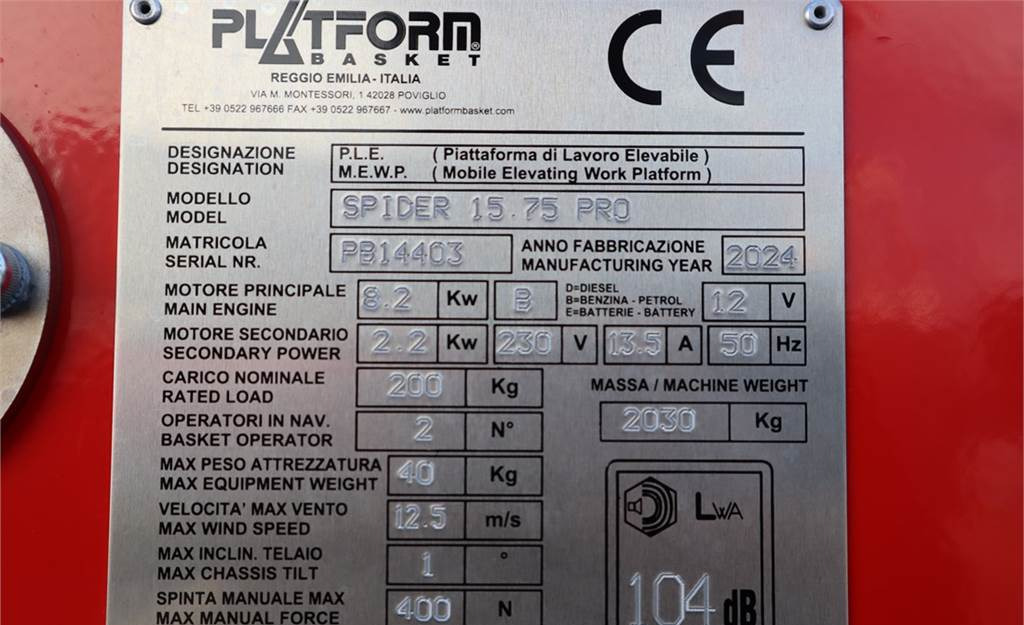 Plataforma aérea PLATFORM BAS Spider 15.75 PRO CE Declaration, Vali: foto 7