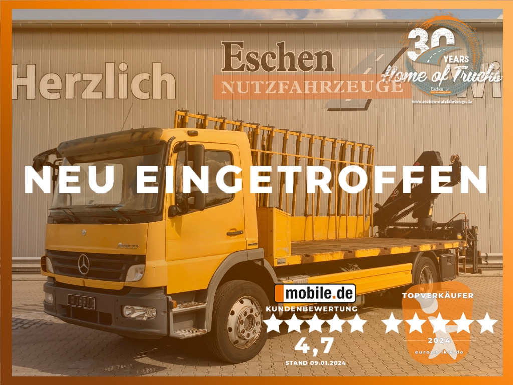 Mercedes-Benz 1224 L Atego / HIAB-Kran / Glastransporter - Camião de caixa aberta/ Plataforma, Caminhão grua: foto 1 Mercedes-Benz 1224 L Atego / HIAB-Kran / Glastransporter - Camião de caixa aberta/ Plataforma, Caminhão grua: foto 1