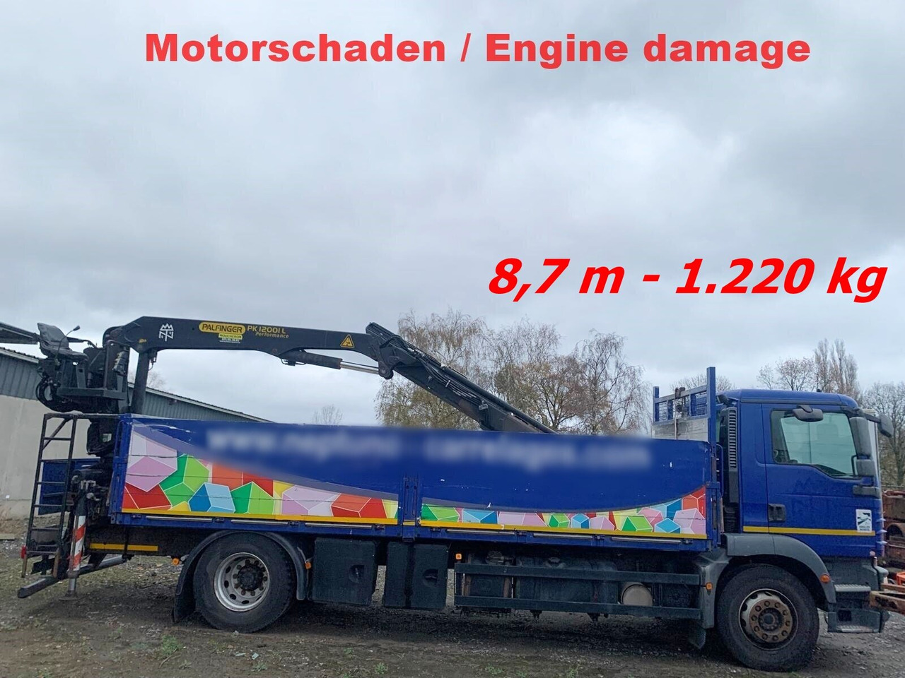 MAN TGM 18.290 4x2 BL mit MOTORSCHADEN! TGM 18.290 4x2 BL, Heckkran Palfinger PK12001L, MOTORSCHADEN! - Caminhão grua, Camião de caixa aberta/ Plataforma: foto 1 MAN TGM 18.290 4x2 BL mit MOTORSCHADEN! TGM 18.290 4x2 BL, Heckkran Palfinger PK12001L, MOTORSCHADEN! - Caminhão grua, Camião de caixa aberta/ Plataforma: foto 1