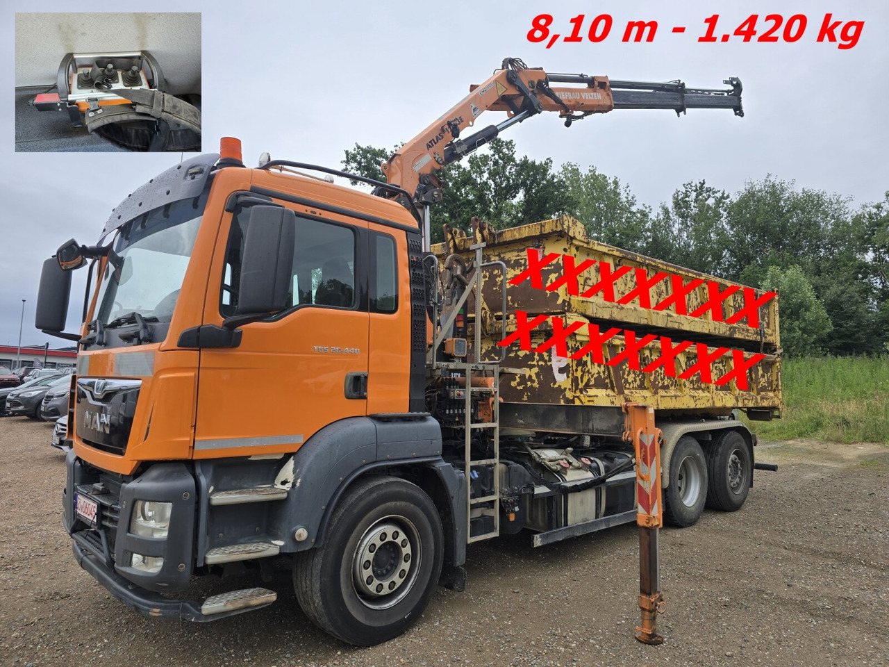 MAN TGS 28.440 6x2-4 BL TGS 28.440 6x2-4 BL, Atlas Kran VDL Abrollanlage, Funk, Lenk-Liftachse - Caminhão polibenne, Caminhão grua: foto 1 MAN TGS 28.440 6x2-4 BL TGS 28.440 6x2-4 BL, Atlas Kran VDL Abrollanlage, Funk, Lenk-Liftachse - Caminhão polibenne, Caminhão grua: foto 1