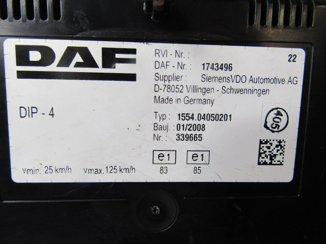 DAF XF 105 CLOCK CLUSTER P/NO 1743496 - Sistema elétrico de Caminhão: foto 2 DAF XF 105 CLOCK CLUSTER P/NO 1743496 - Sistema elétrico de Caminhão: foto 2