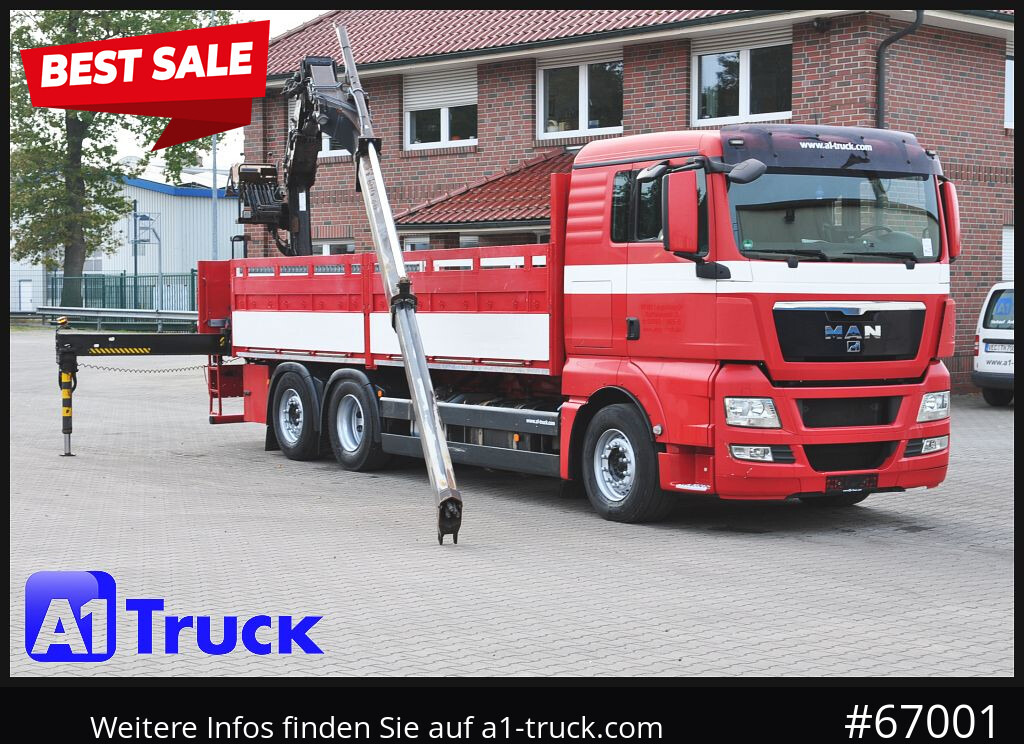MAN TGX 26.400, Hiab Kran, Lenk-Liftachse, - Caminhão grua, Camião de caixa aberta/ Plataforma: foto 1 MAN TGX 26.400, Hiab Kran, Lenk-Liftachse, - Caminhão grua, Camião de caixa aberta/ Plataforma: foto 1
