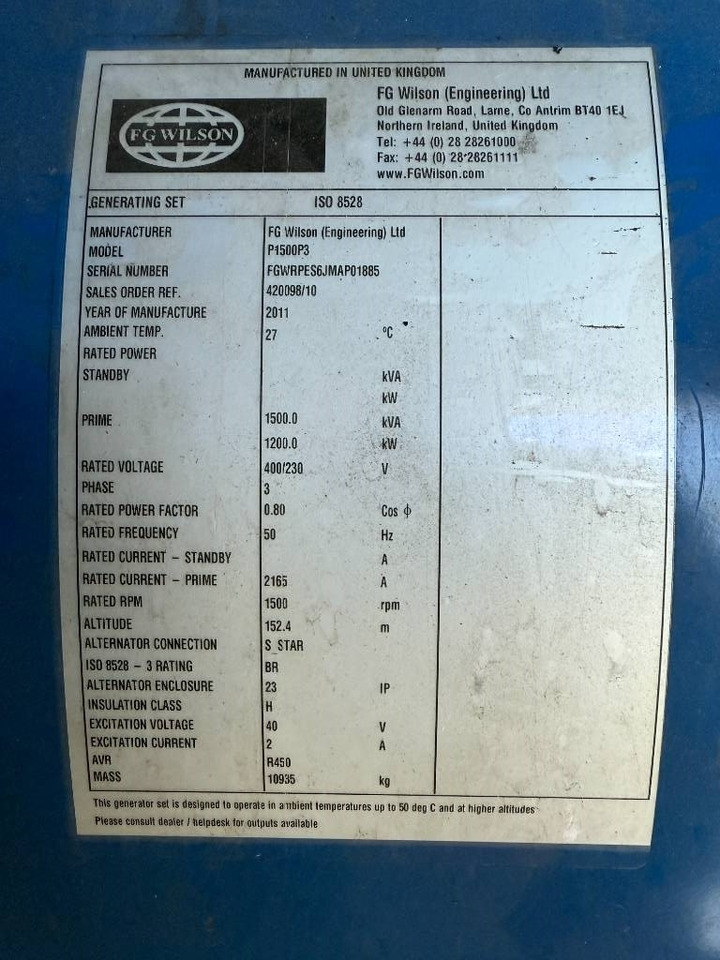 FG Wilson P1500P3 - 1.650 kVA Generator - DPX-12628 - Gerador elétrico: foto 5 FG Wilson P1500P3 - 1.650 kVA Generator - DPX-12628 - Gerador elétrico: foto 5