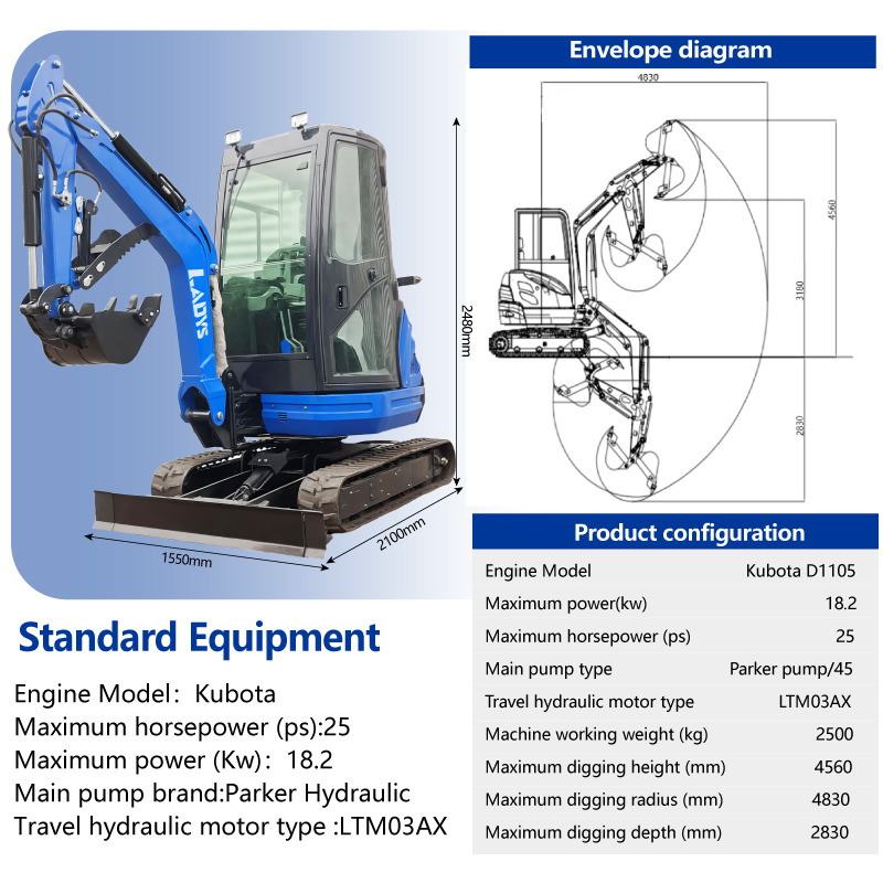 LADYS DY25U Mini Excavator CE Certification Kubota Engine(Factory Outlet) Mini Pelle Minibagger Minikoparka Miniexcavadora - Mini escavadeira: foto 2 LADYS DY25U Mini Excavator CE Certification Kubota Engine(Factory Outlet) Mini Pelle Minibagger Minikoparka Miniexcavadora - Mini escavadeira: foto 2