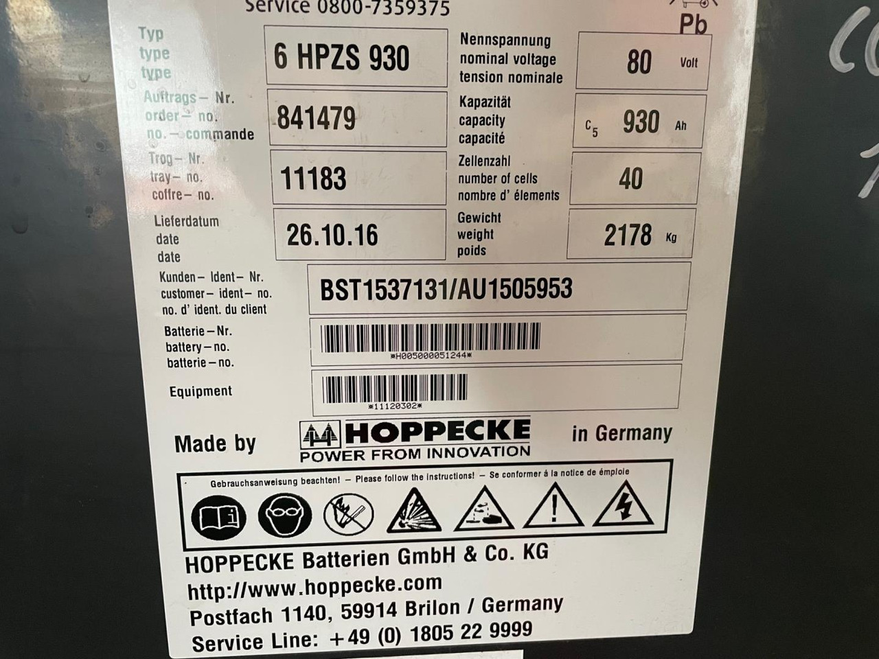 Hoppecke 80V 6 HPZS 930 - Bateria automotiva de Equipamento de movimentação: foto 2 Hoppecke 80V 6 HPZS 930 - Bateria automotiva de Equipamento de movimentação: foto 2