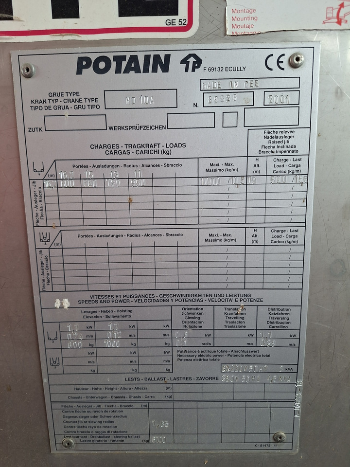POTAIN HD10A - Guindaste: foto 2 POTAIN HD10A - Guindaste: foto 2