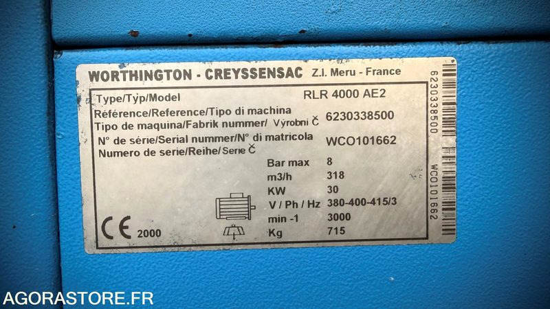 COMPRESSEUR D AIR CREYSSANSAC WORTHINGTON RLR 4000 AE2 -30KW/40CV - Compressor de ar: foto 2 COMPRESSEUR D AIR CREYSSANSAC WORTHINGTON RLR 4000 AE2 -30KW/40CV - Compressor de ar: foto 2