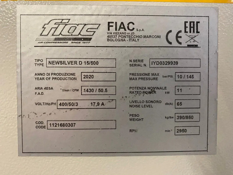 Fiac NewSilver D 15 / 500 NewSilver D 15 / 500 - 1430 L / min 11 kW 10 bar Elektrische Schroefcompressor + Droger - Compressor de ar: foto 4 Fiac NewSilver D 15 / 500 NewSilver D 15 / 500 - 1430 L / min 11 kW 10 bar Elektrische Schroefcompressor + Droger - Compressor de ar: foto 4