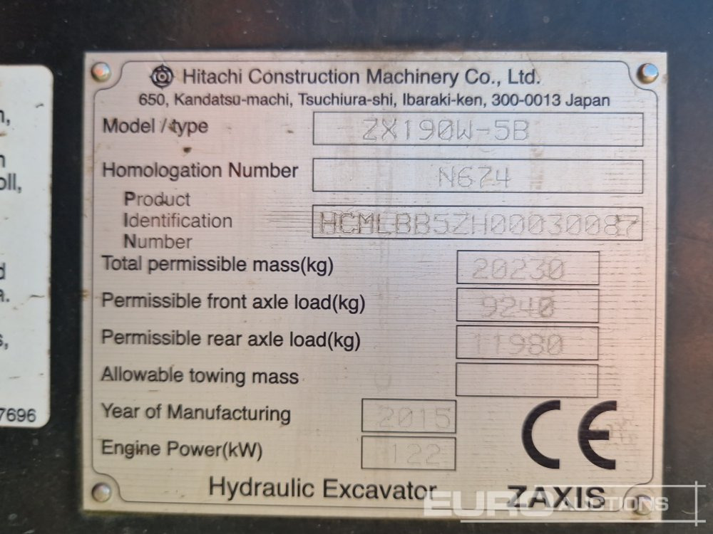 Escavadeira de rodas 2015 Hitachi ZX190W-5: foto 41