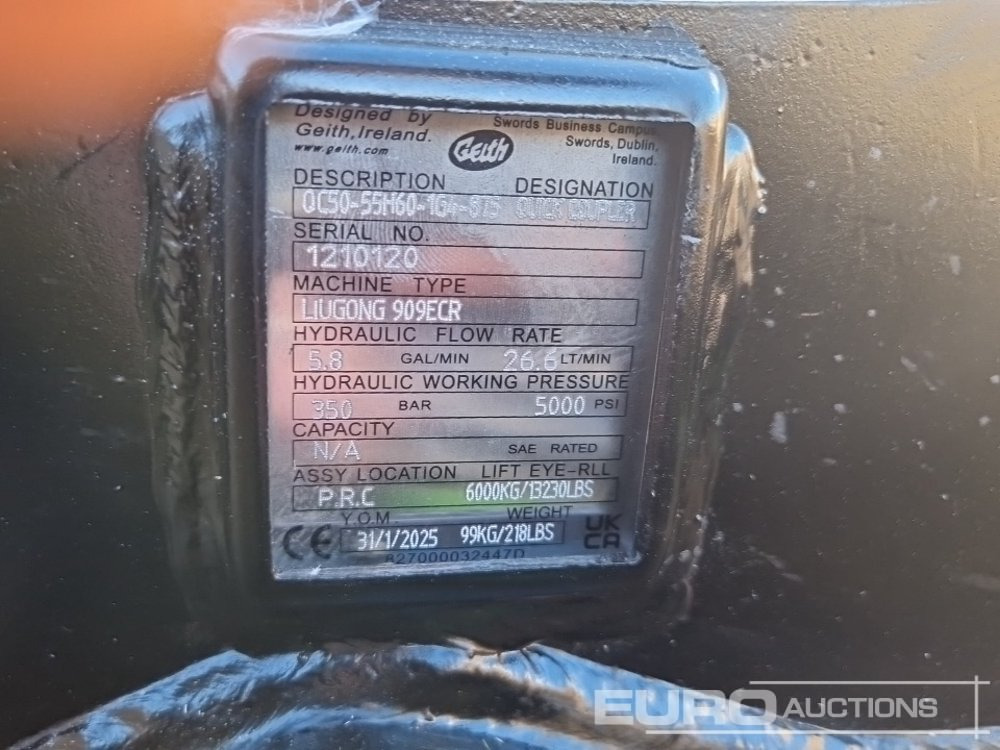 Geith QC50-55H60-1G4-875 Quick Coupler to Suit Liugong 909ECR (S/Ns 1210120,1210122) - Equipamento de construção: foto 5 Geith QC50-55H60-1G4-875 Quick Coupler to Suit Liugong 909ECR (S/Ns 1210120,1210122) - Equipamento de construção: foto 5